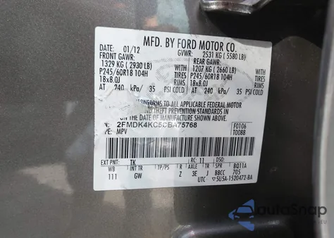 2012 Ford Edge Limited from USA, damaged, VIN 2FMDK4KC5CBA75768